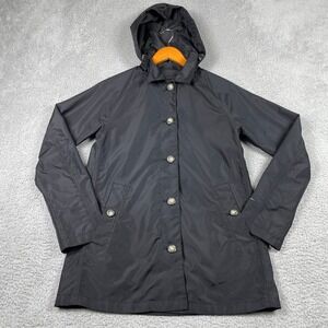 Eddie Bauer Rain Jacket Womens XS‎ Black Trench Coat Button Front Removable Hood